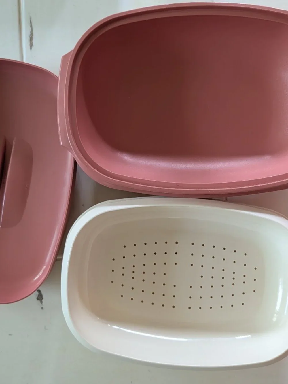 VTG Tupperware #1273-4 Dusty Pink Food Steamer 6 Cup White Insert NOS USA 3 Part